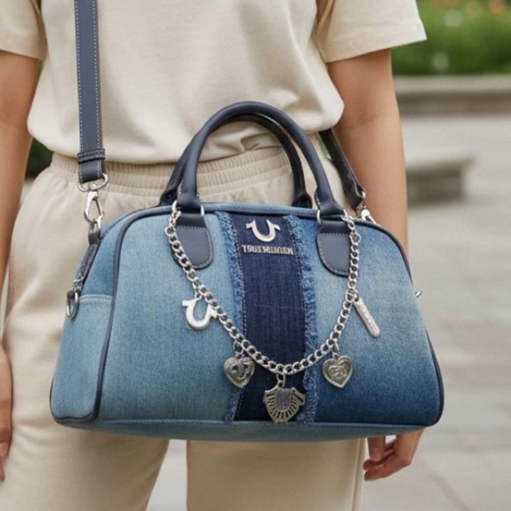 •Chain Reaction• True Religion Denim Satchel with Silver Charm Chain